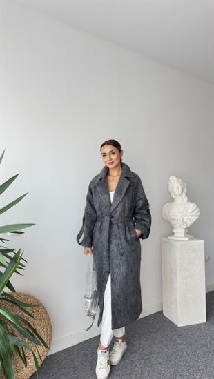 Lovi Kollar Düğme Detaylı Astarlı Gri Kaşe Kaban