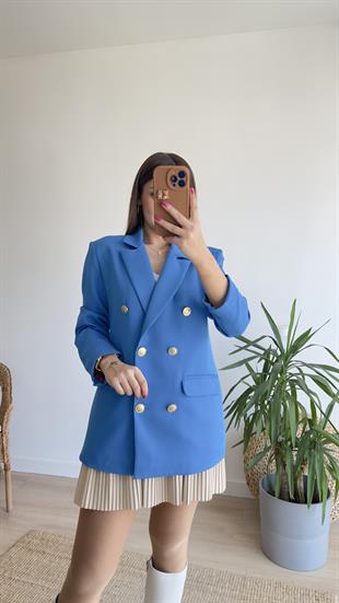 Renkli Astarlı Mavi Blazer Ceket