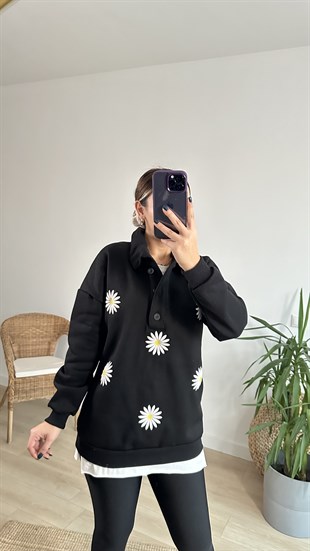 Papatya Nakışlı Siyah Sweatshirt