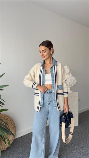 Mavi Şeritli Kot Detaylı Premıum Hırka