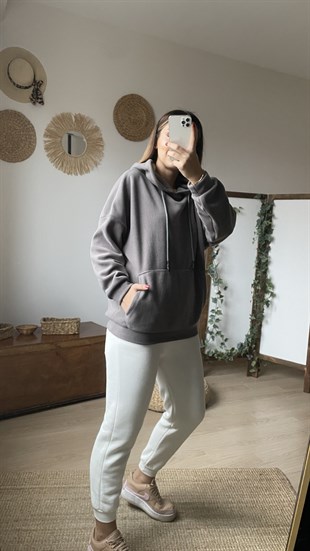Gri Kapüşonlu Polar Sweat
