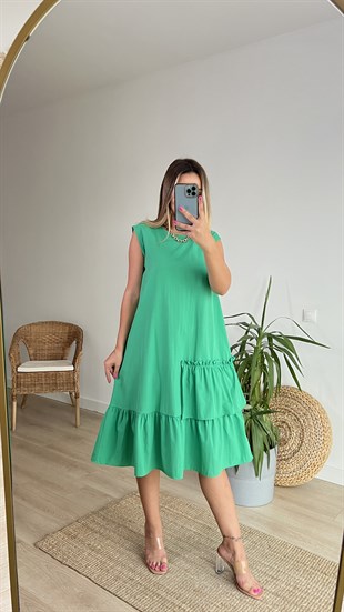 Kolsuz Fırfırlı Yeşil Poplin Elbise 
