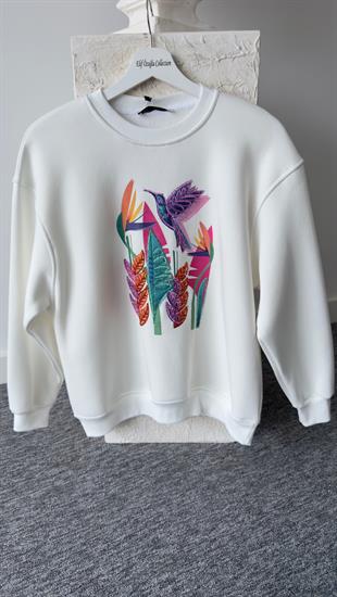 Kuş Baskılı Beyaz Sweatshirt