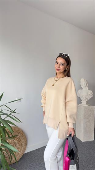 Etek Ucu Asimetrik Bej Sweatshirt