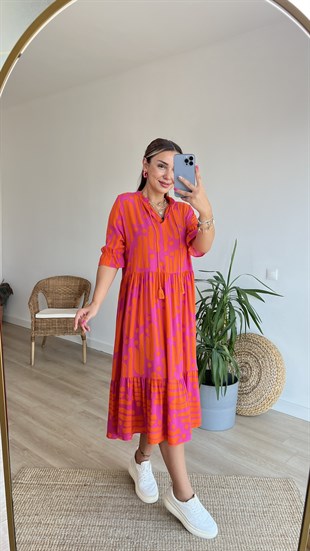Turuncu Pembe Desenli Salaş Elbise