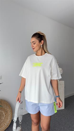 Önü Neon Yazılı Poplin Detay Tshirt