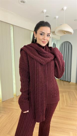 Bordo Atkılı Üçlü Triko Takım