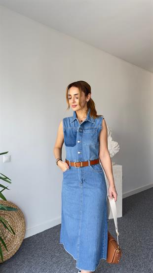 Kemerli Arka Yırtmaçlı Kolsuz Jean Elbise 