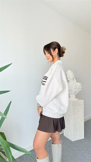 Ruzi Yaka Detaylı Yazılı Bej Sweatshirt