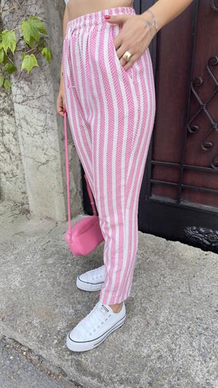 Pembe Şeritli Örme Pantolon