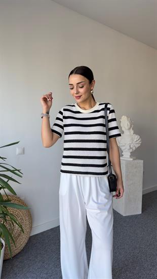 Yaka Ribanalı Çizgili Massi Bluz