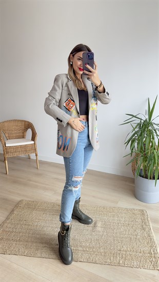 Tasarım Yazı Detaylı Blazer Ceket