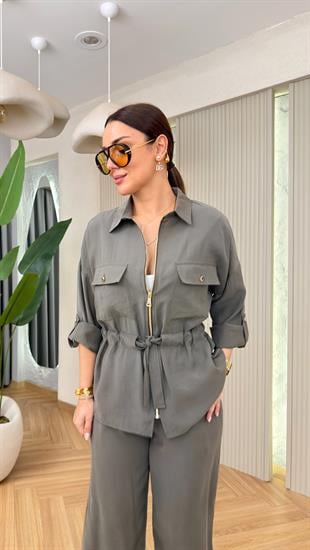 Haki Lavita Fermuarlı Bel Büzgülü Takım