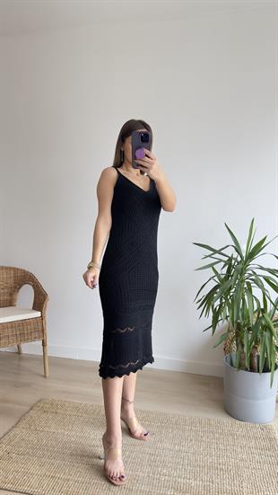 Askılı Siyah Örme Elbise