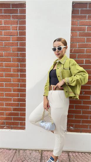 Karli Zra Model Nakışlı Yeşil Ceket