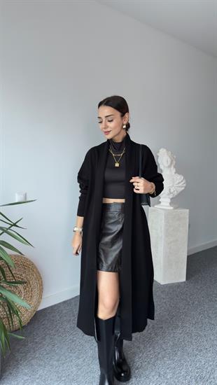 Yırtmaçlı Siyah Uzun Hırka