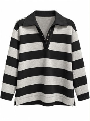 Nelsi Poplin Detaylı Polo Yaka Çizgili Sweatshirt