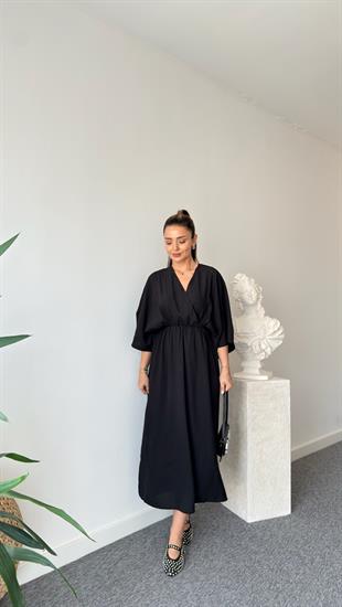 Siyah Mendo Kruvaze Yaka Elbise 