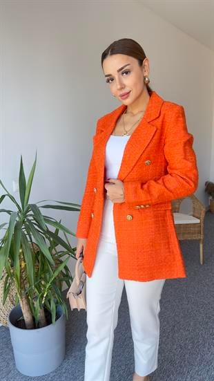Gold Düğme Turuncu Tüvit Blazer Ceket