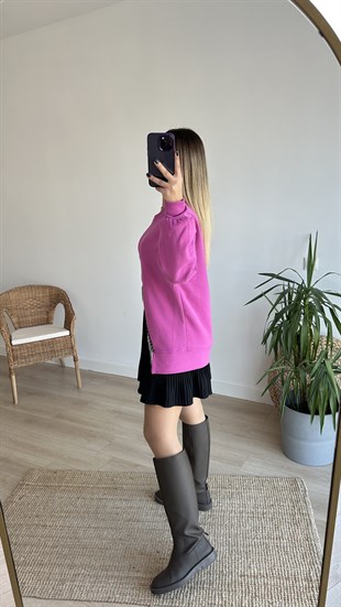 Üç İplik Önü V Taş Detaylı Pembe Tasarım Sweat