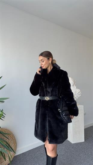 İçi Leopar Astarlı Siyah Peluş Kaban