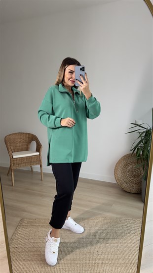 Yanları Yırtmaçlı Yeşil Modal Sweatshirt