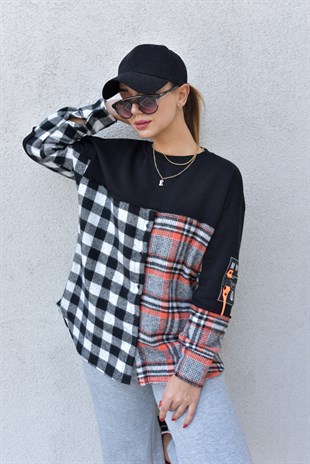 Ekose Garnili Siyah Sweatshirt