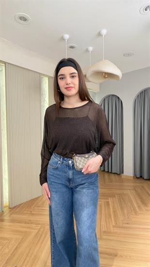 Kahve Bisiklet Yaka Simli Tül Bluz