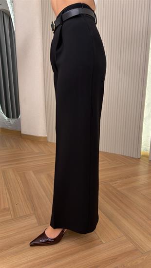 Siyah Madia Kemerli Pile Detay Pantolon