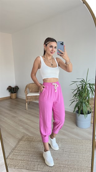Beli Lastikli Paça Pile Detaylı Fuşya  Pantolon
