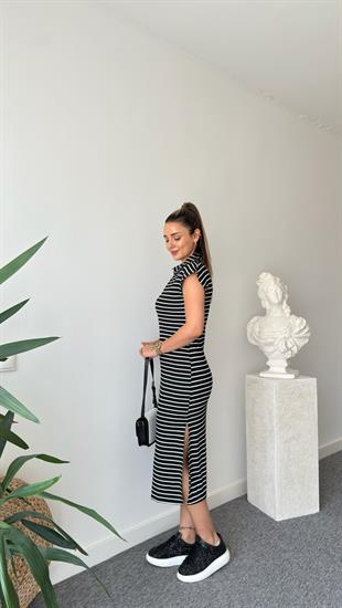 Siyah Fier Çizgili Polo Yaka Elbise 