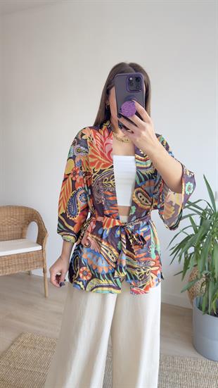Çok Renkli Saten Kimono Ceket