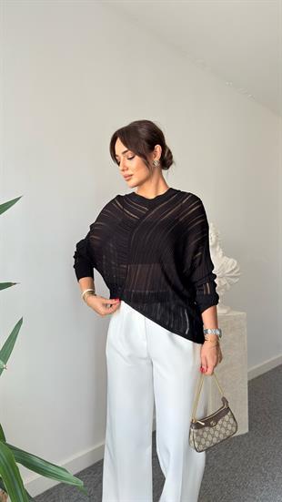 Siyah V Yaka Asimetrik Transparan Triko Kazak