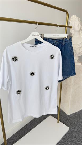 Beyaz Yuvarlak Taşlı Tshirt