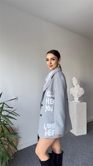 Graf Yazı Ve Baskı Detay Tasarım Çizgili Blazer 