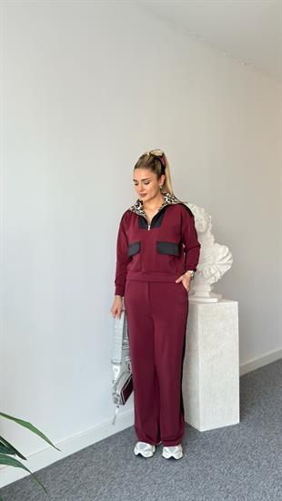 Bordo Premium Leopar Detaylı Modal Takım