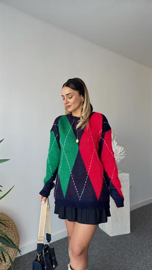 Kırmızı Yeşil Baklava Desenli Kazak