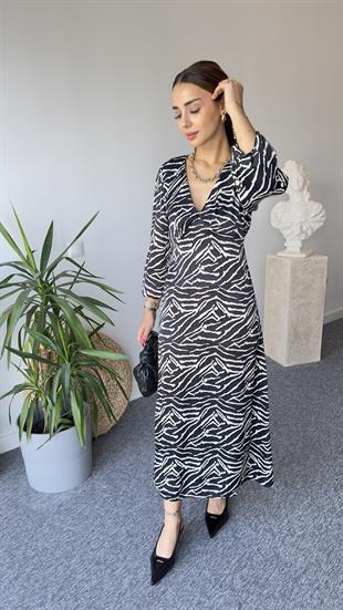 Saten V Yaka Zebra Desen Elbise