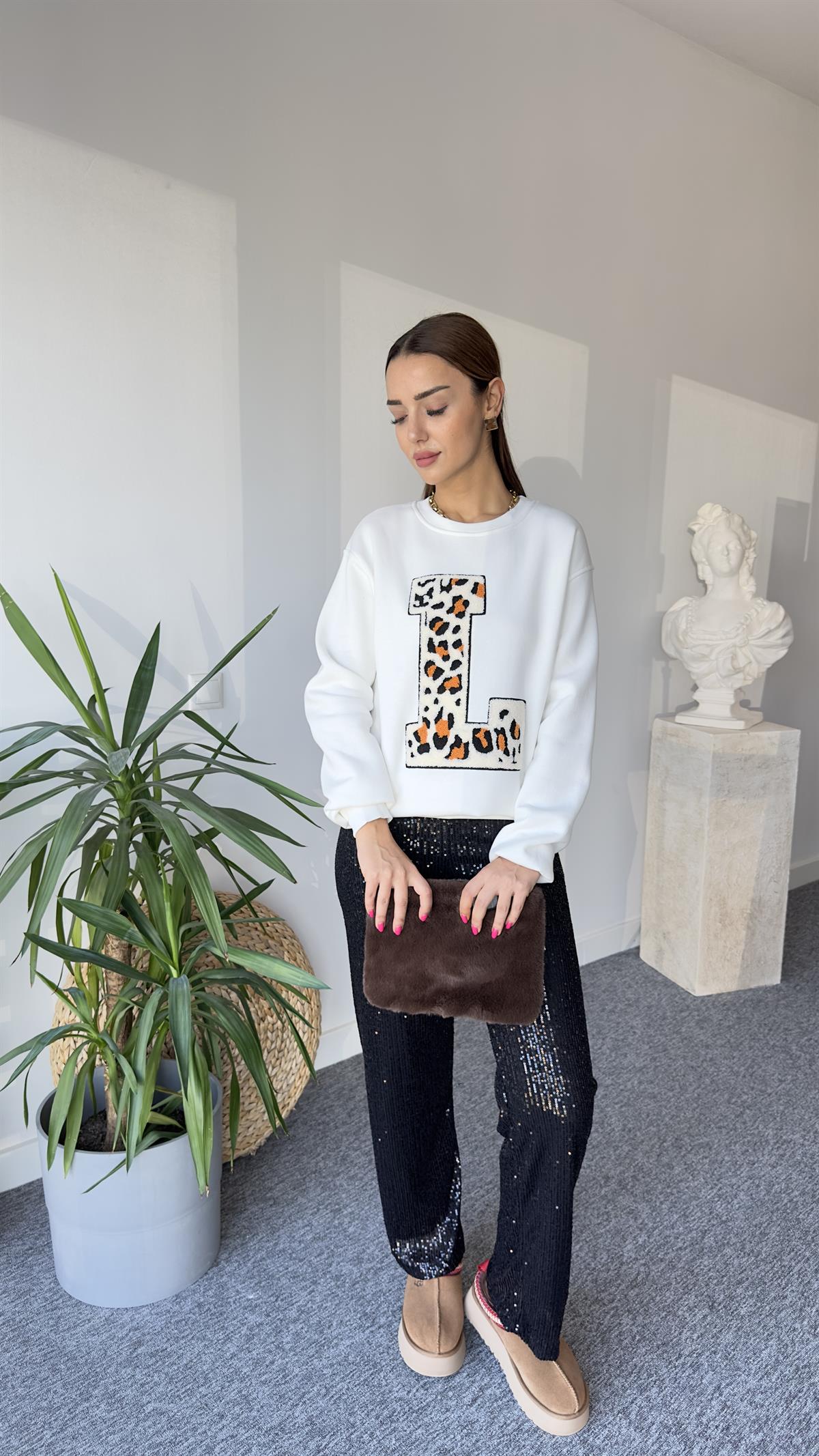 L Baskı Leopar Detay Beyaz Zra Sweat
