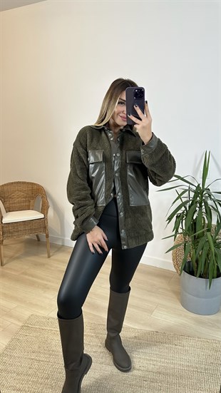 Deri Cep Detaylı Haki Polar Mont