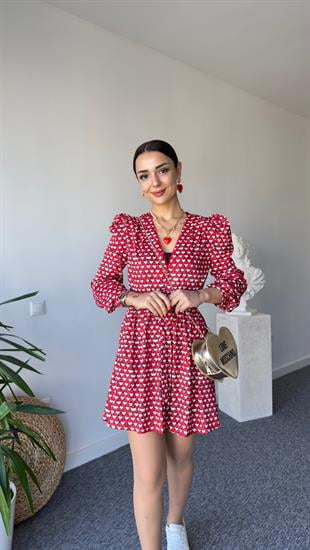 Minik Kalp Desen Kuşaklı Elbise