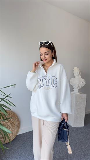 Nyc İşlemeli Fermuar Detay Sweatshirt