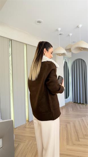 Kahve Novo Yaka Kürklü Triko Hırka