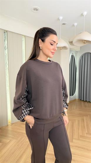 Kahve Kolları Büzgü Ekose Detay Modal Takım