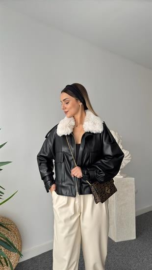 Minal İçi Peluş Siyah Deri Mont