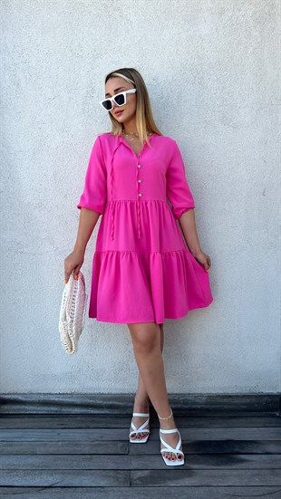 Taş Düğme Detaylı Pembe Volanlı Elbise