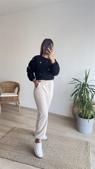 Renkli Taş İşlemeli Lacivert Sweat