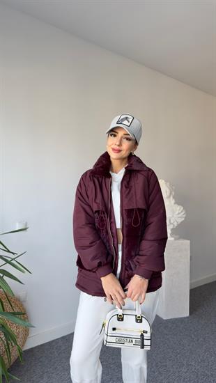 Peluş Detay Büzgülü Bordo Mont