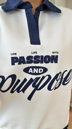 Lacivert Yazı Detaylı Polo Yaka Sweatshirt