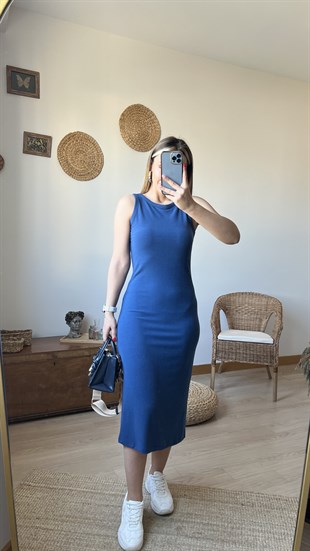 İndigo Fitilli Basic Elbise